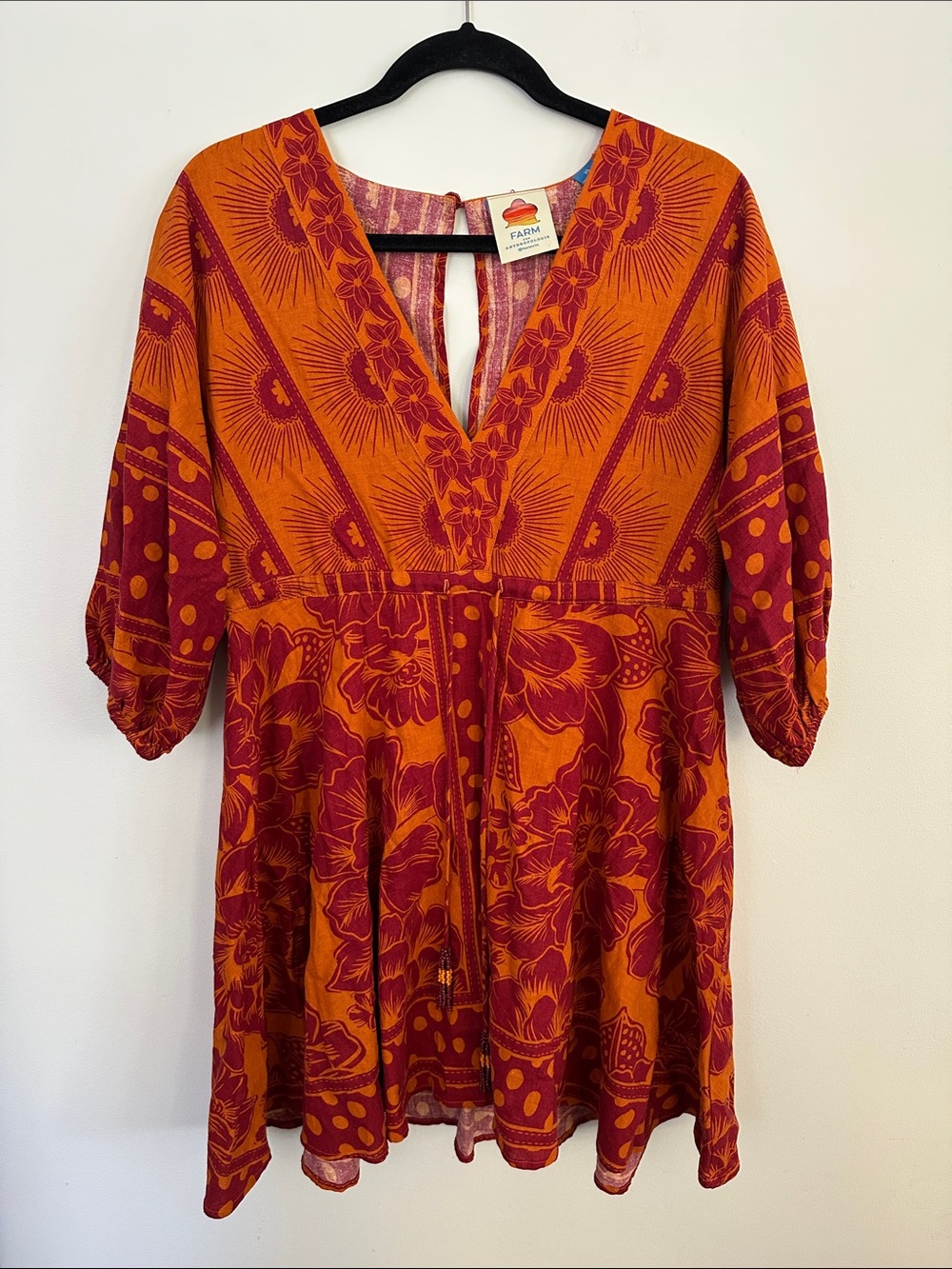 FARM Rio Orange and Red Floral V-Neck Babydoll Dress